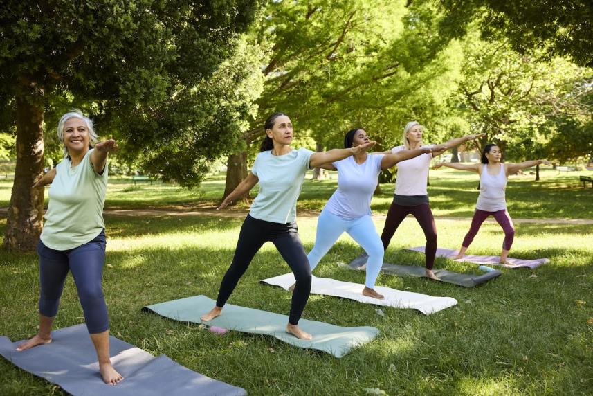 Group of older women doing yoga in the park