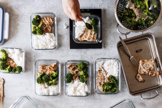 overhead shot of person preparing a healthy meal for the week