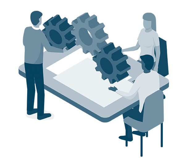 Illustration Of Workers At A Table With Large And Virtual Gears Hovering Above