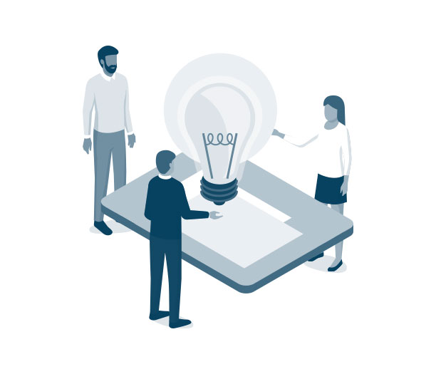 Graphic Of Three People Standing Around A Desk With A Light Bulb Idea Hovering Above