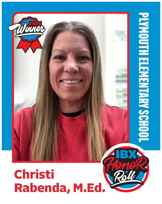 A baseball card-style image of teacher Christi Rabenda, M.Ed., and the text Plymouth Elementary School