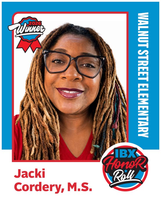 A baseball card-style image of teacher Jacki Cordery, M.S., and the text Walnut Street Elementary