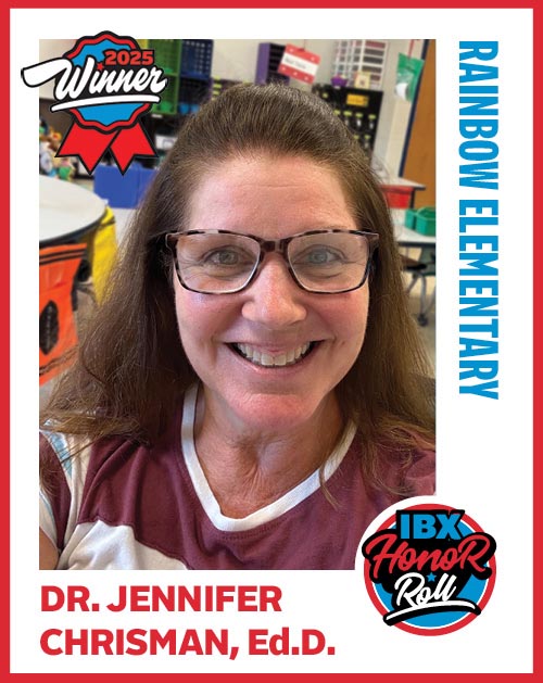 A baseball card-style image of teacher Dr. Jennifer Chrisman, Ed.D., and the text Rainbow Elementary