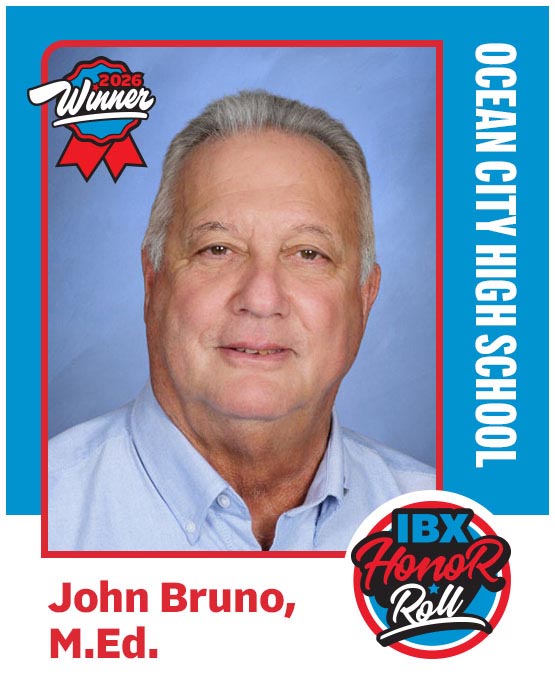 A baseball card-style image of teacher John Bruno, M.Ed., and the text Ocean City High School