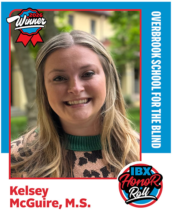 A baseball card-style image of teacher Kelsey McGuire, and the text Overbrook School for the Blind