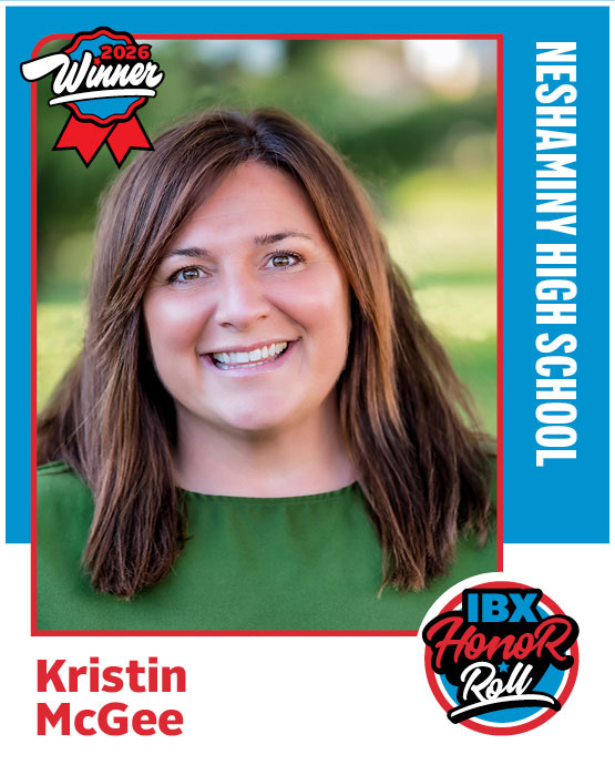 A baseball card-style image of teacher Kristin McGee, and the text Neshaminy High School