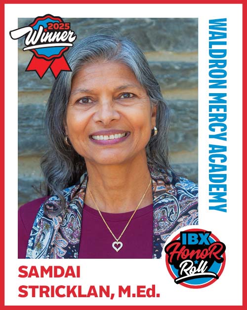 A baseball card-style image of teacher Samdai Stricklan, M.ED., and the text Waldron Mercy Academy