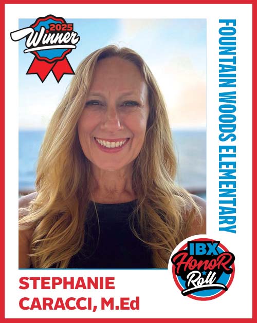 A baseball card-style image of teacher Stephanie Caracci, M.Ed, and the text Fountain Woods Elementary