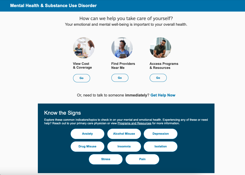 Screenshot of Mental Health area of member portal